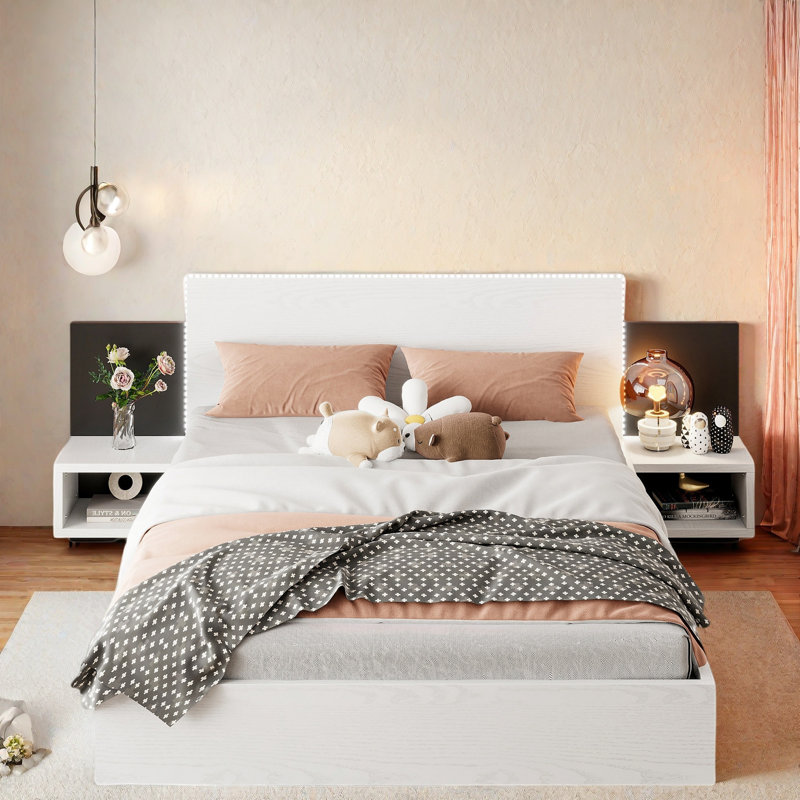 Wooden Floating Platform Bed With Led Lights And Built-in Nightstands, White, Queen