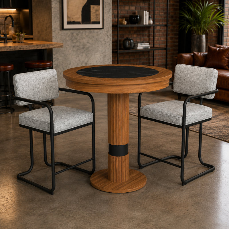 Prohibition Series 30" Pub Table - With Two Vintage - Armed Barstools By RAM Game Room, Brown/Gray/Black