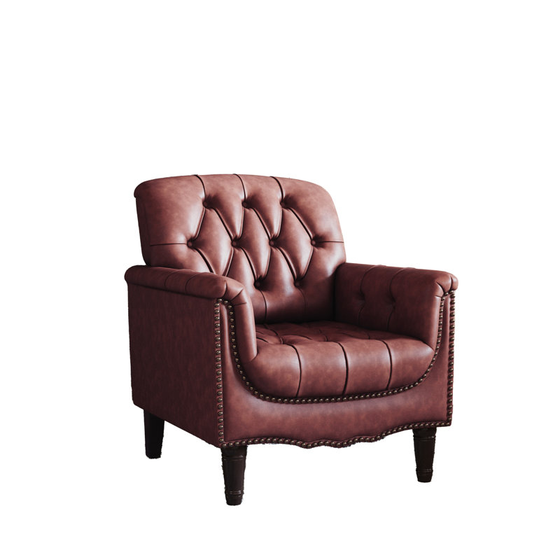 80 Cm Wide Tufted Armchair, Dark Red Faux Leather