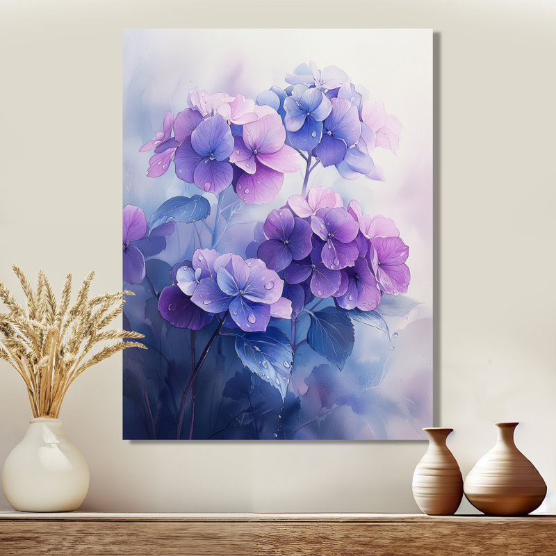 Hortensias dans la rosée du matin II - hortensias, H 20 po x l 12 po