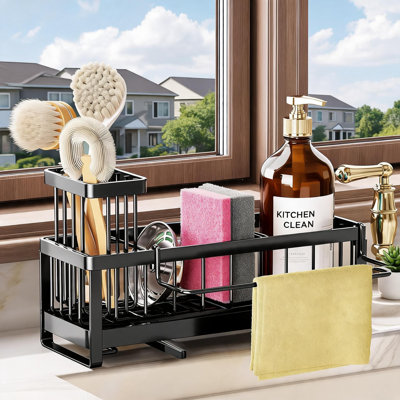 Stainless Steel Black Sink Storage Rack With Built-In Dividers And Self-Draining Function; Can Store Sponge Dishwashing Brushes.