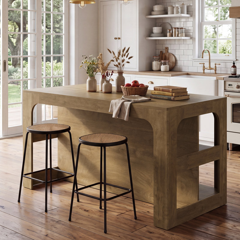 Îlot de cuisine 55 po avec tablettes de rangement ouvertes à 2 niveaux, découpe arquée