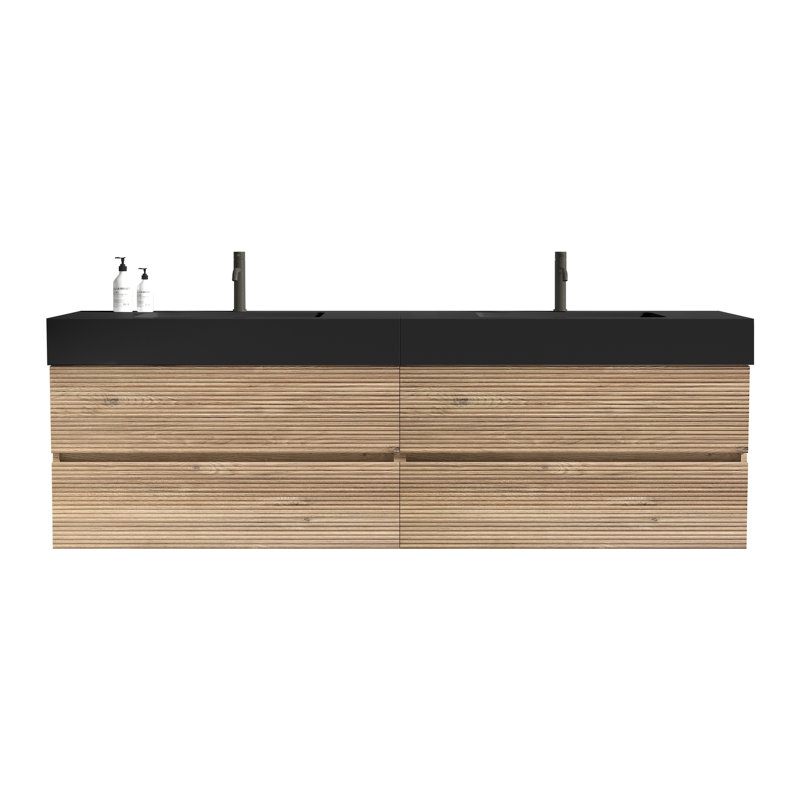 Meuble-lavabo 72 po avec lavabo en quartz noir mat et tiroirs souples