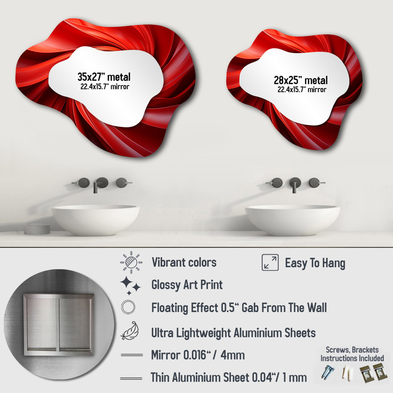 Red abstract spiral dreamscape IV - Abstract Spirals Asymmetrical Mirror, Red Cloud Unique Wall Mirror, Printed Metal Art