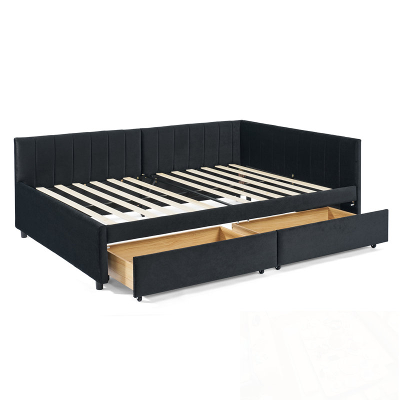 Full Size Velvet Alianna with Two Drawers and Armrests, Black