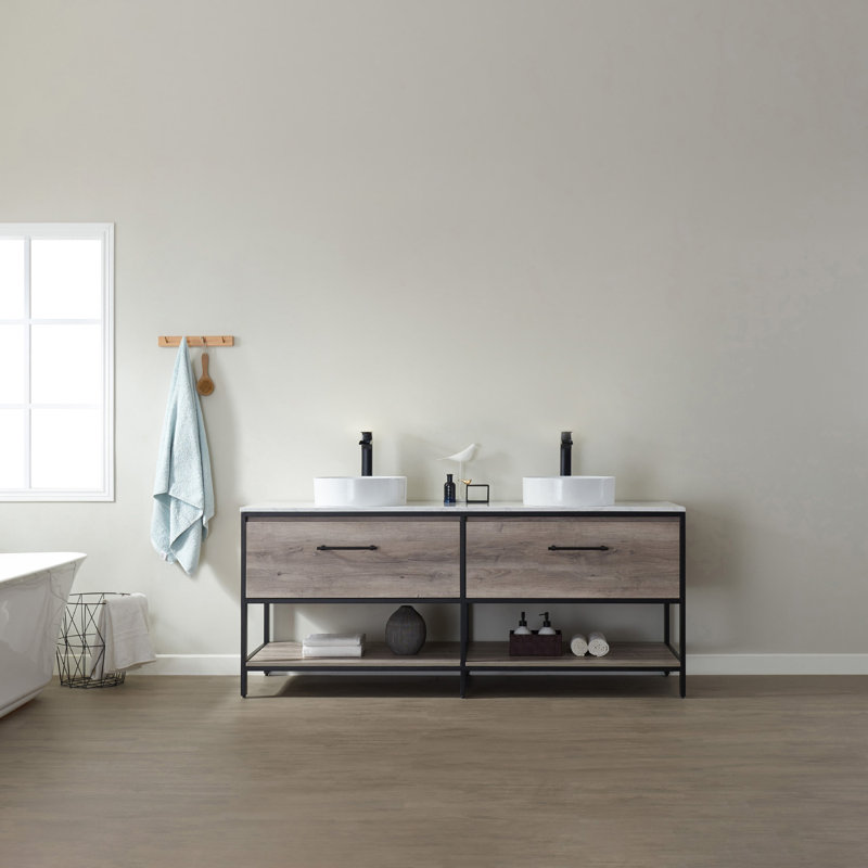 Ensemble de meuble-lavabo double 72 po Murcia, Marbre blanc, Chêne mexicain / noir