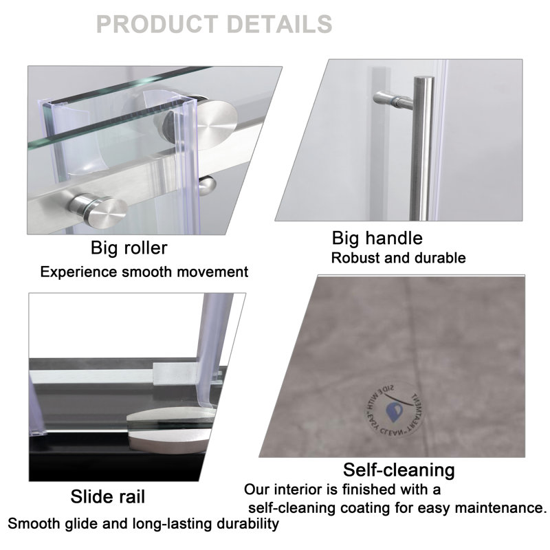 Portes de douche coulissantes en verre sans cadre, l 60 po x H 76 po, verre trempé transparent de 3/8 po (10 mm)