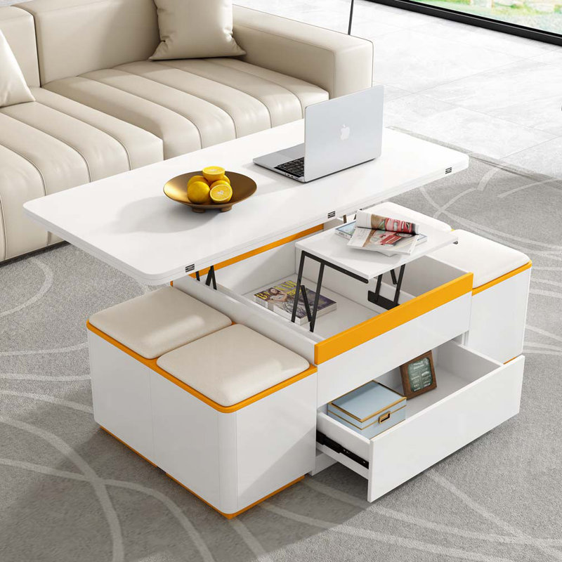 Table basse à plateau relevable avec 4 tabourets de rangement, Blanc