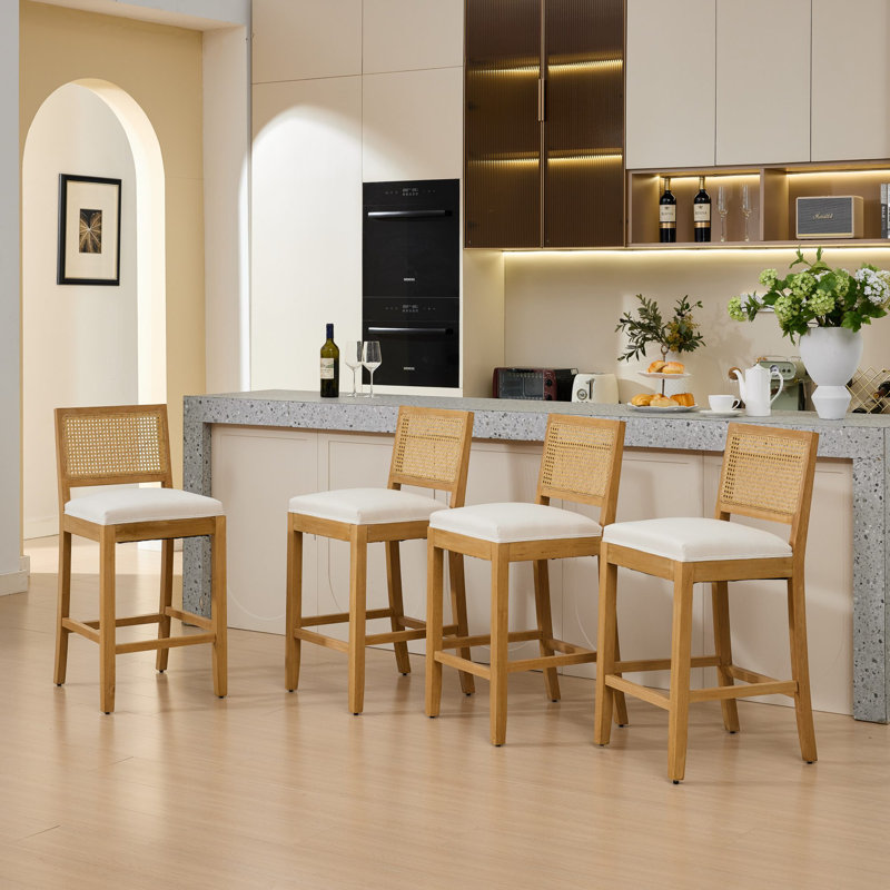 Ensemble de 4 tabourets de bar en bois massif à dossier en rotin, coussin en lin mat avec mousse à haute résilience et ressorts en S
