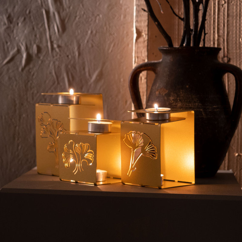 3 Piece Steel Tabletop Candlestick Set, Gold
