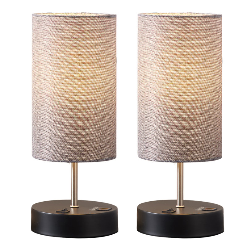 Ensemble de 2 lampes de table 15 "avec base noire 15" avec abat-jour tambour en lin gris et ports de charge USB 15 "David