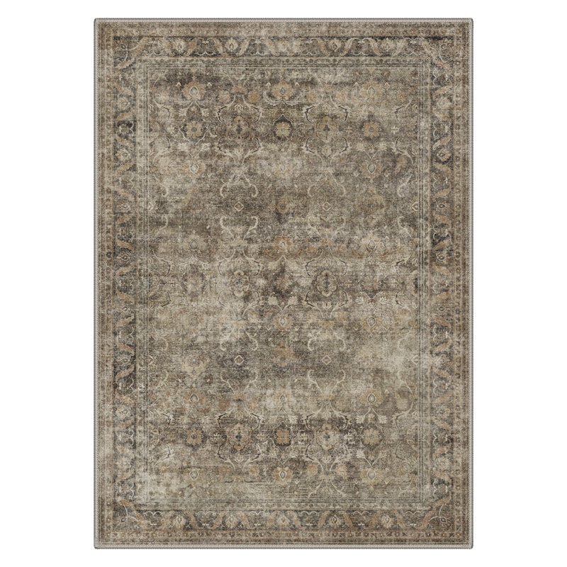 Roehit Heritage Rug - Antique Olive & Charcoal Oushak Faux Wool - Non-Slip & Machine Washable, Rectangle 6' x 9'