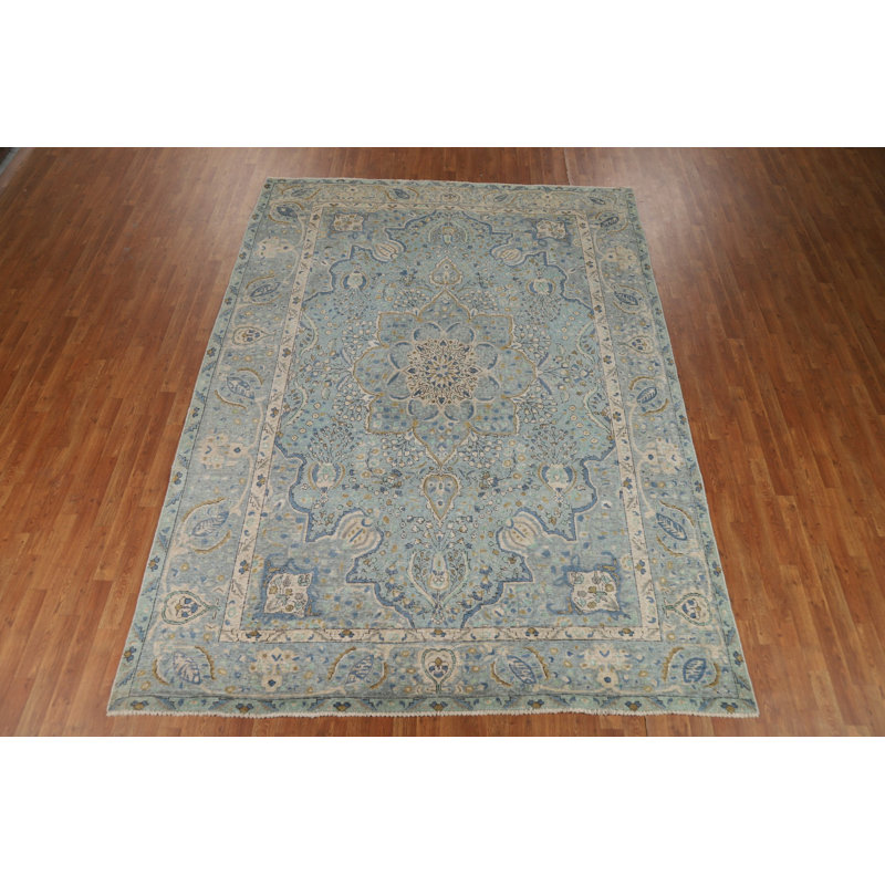 Tapis traditionnel floral fait à la main bleu 8 x 11