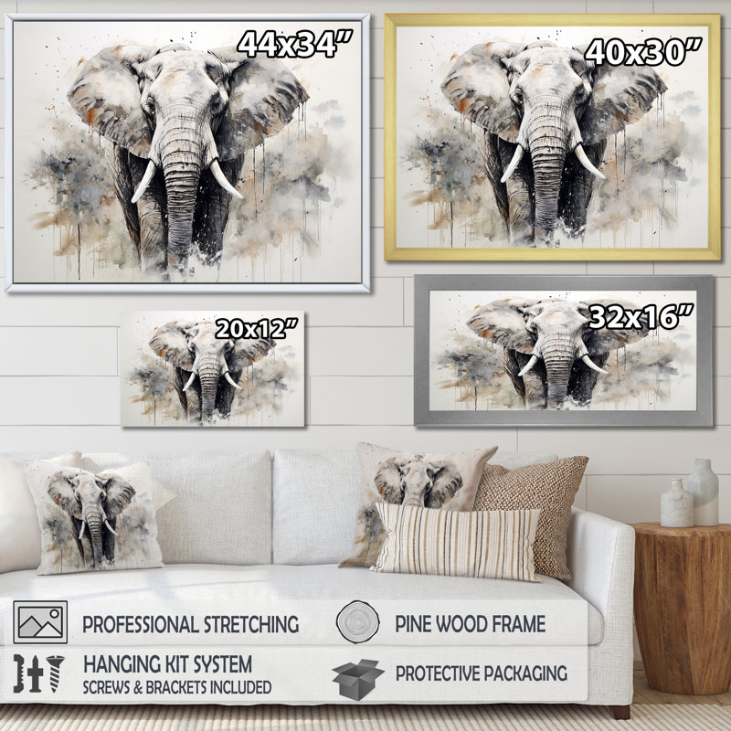 Éléphant élégant en mouvement II - reproduction sur toile, H 30 po x l 40 po x P 1,5 po, Toile tendue