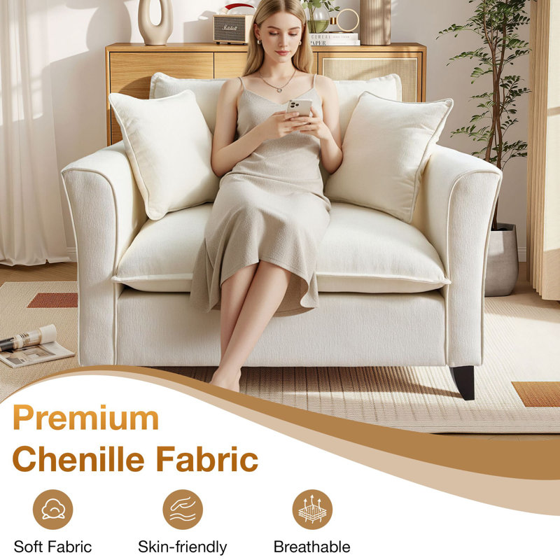 Fauteuil simple en chenille de 47,1 po avec accoudoirs surdimensionnés et coussins, Beige