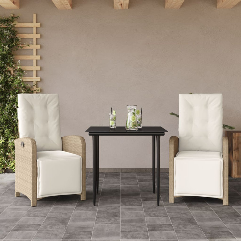 Ensemble bistro 3 pièces avec repose-pieds en rotin PE, Beige, Beige