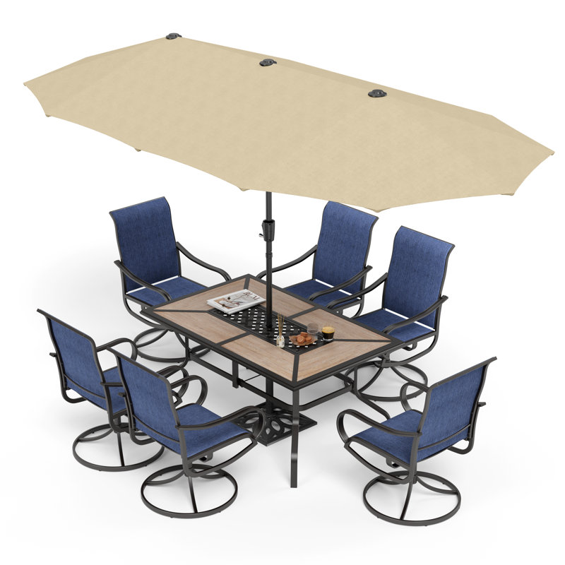 8 ensembles de salle à manger d'extérieur avec parasol 8 pièces, Bleu, Beige