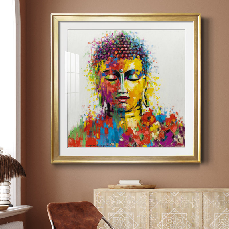 Bouddha - peinture encadrée, Papier encadré doré, H 30,5 po x l 30,5 po x P 1,5 po