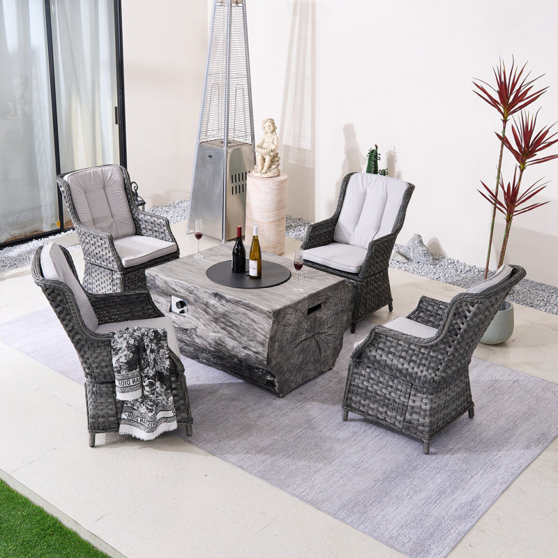 Nouriah 4-Person Outdoor Conversation Set With Fire Pit Table, White, Gray