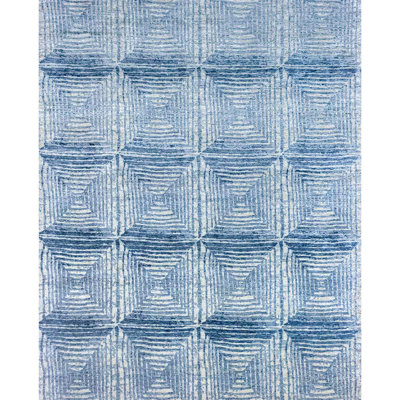 Hand-Knotted Wool/Silk Geometric Area Rug in Blue/Ivory