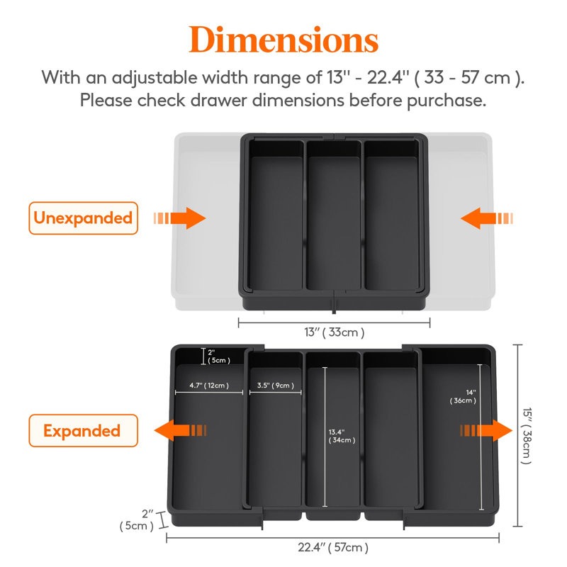 Rangement à ustensiles pour tiroirs de cuisine, plateau à ustensiles de cuisine extensible, porte-couverts réglable pour couverts, couverts et outils en plastique pour spatule et gadgets, noir, 13 à 22 po x 15 po