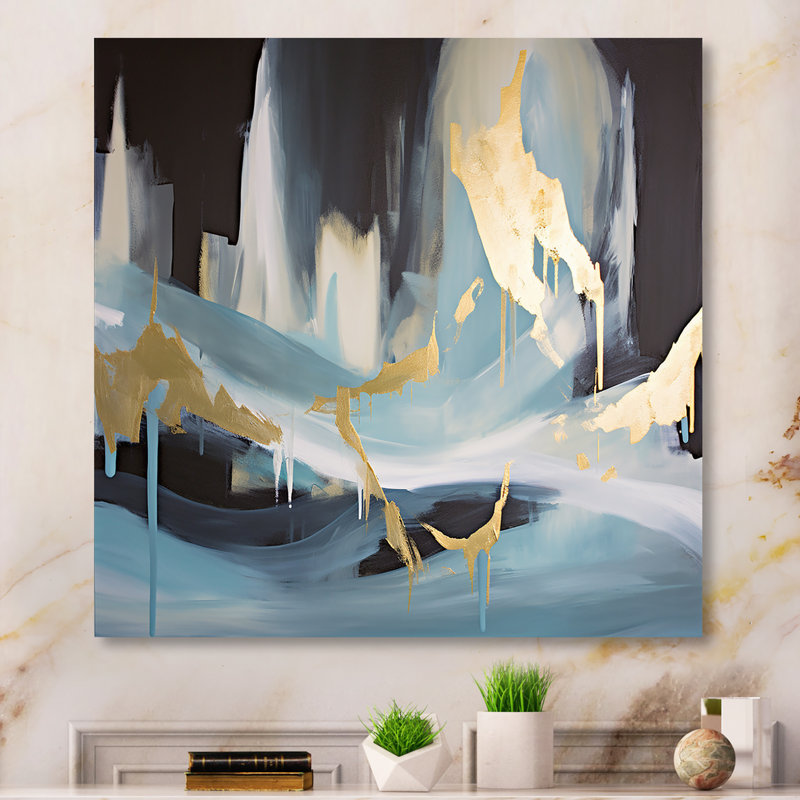 «Gold and Blue Abstract Expression 1», art mural abstrait en métal, H 16 po x l 16 po