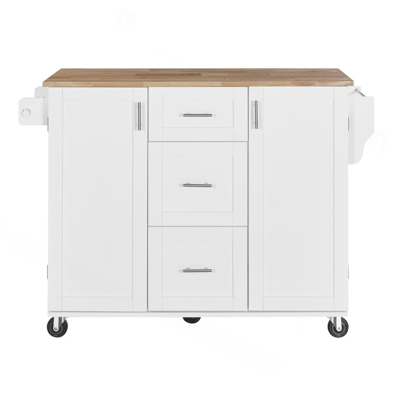 Rolling Kitchen Island With Storage, Kitchen Cart With Rubber Wood Top, 3 Drawer, 2 Slide-Out Shelf And Internal Storage Rack, Kitchen Island On Wheels With Spice Rack & Tower Rack
