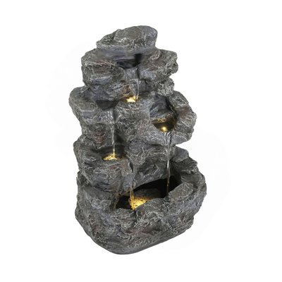 5-Tiered Concrete Tall Slim Fountain, 23.85"H –LED-Lit Column, Space-Saving Modern Outdoor Accent, All-Weather Resistant