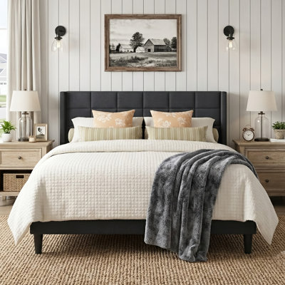 Upholstered Standard Bed Frame With Wing Back Headboard – Charcoal Gray