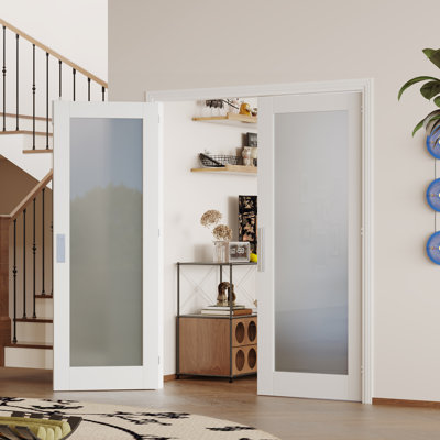 Portes doubles Slab - 1 verre givré Lite avec finition blanche, porte de garde-manger intérieure (poignée, loquet et goupille inclus, à peindre)