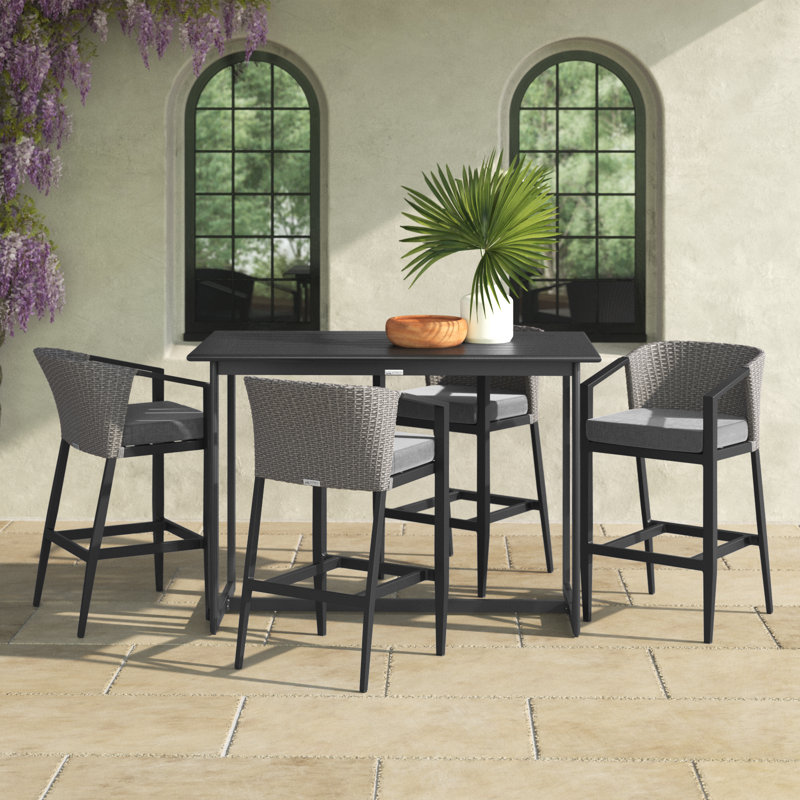 Chave Outdoor Patio 5-Piece Rectangular Table Set in Aluminum with Grey Cushions