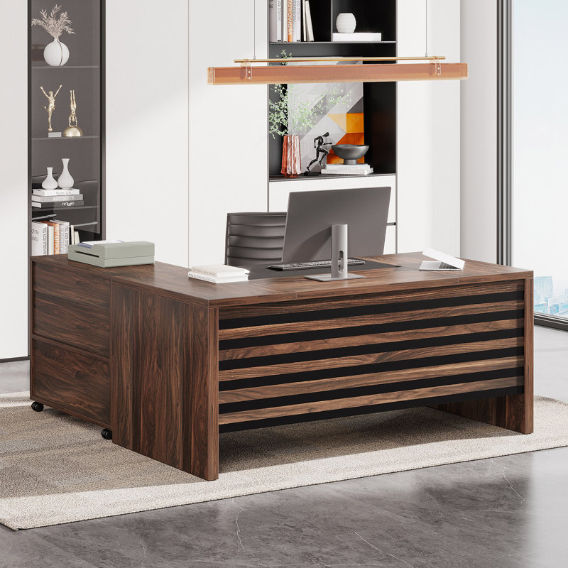 Bureau de direction 62,2 po avec classeur mobile, bureau en L avec tablettes de rangement, Marron foncé