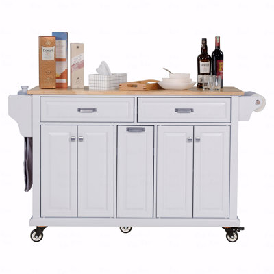 Kitchen Island With Rubber Wood Countertop, Kitchen Cart On 5 Wheels With Storage Cabinet And 2 Top Drawers And A Center Double-Layered Storage Drawer