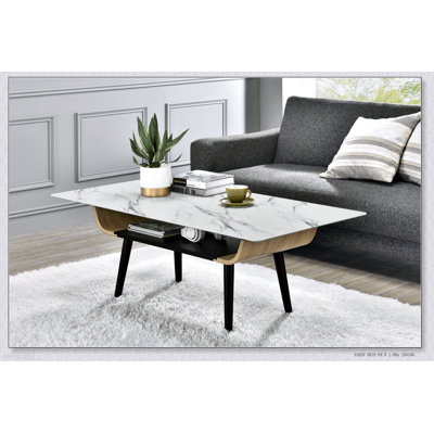 Table basse Landon de 47 pouces avec texture marbre gris verre et design en bois cintré pour une élégance et une fonctionnalité modernes