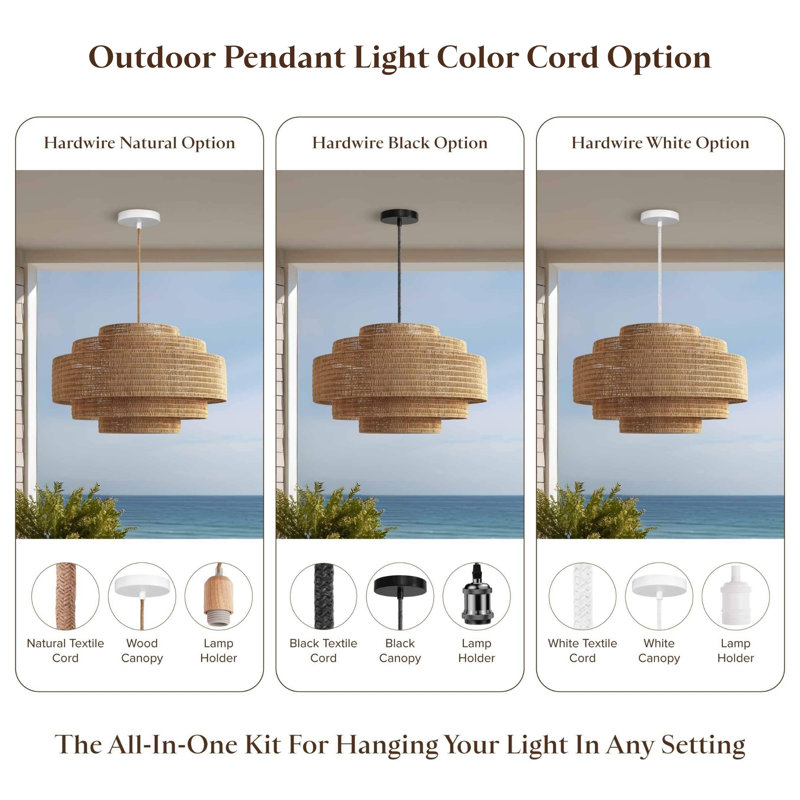 Starry Outdoor Rattan Pendant Light - Large Natural Resin Tiered 1-Light Handwoven Adjustable Outdoor Ceiling Light For Entryway, Covered Patio In Traditional, Coastal & Country Style