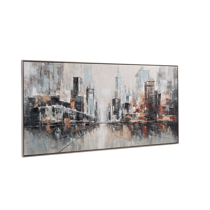 City Scape Abstract Canvas Art in Clay & Blue Tones with Silver Frame