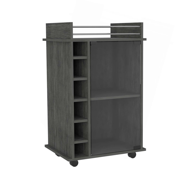 Chariot-bar Dukat, deux tablettes, six supports à vin intégrés, quatre roulettes, Gris