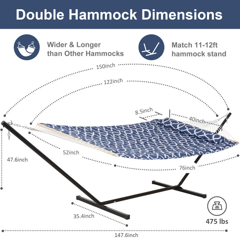Hamac de bar avec support en corde de coton matelassée double Mejias, Motif géométrique bleu foncé