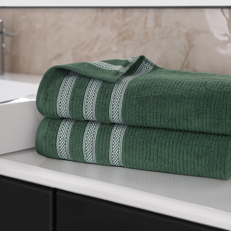Zero Twist Cotton Ribbed Modern Geometric Border Soft Highly-Absorbent Bath Sheet Set, Forest Green