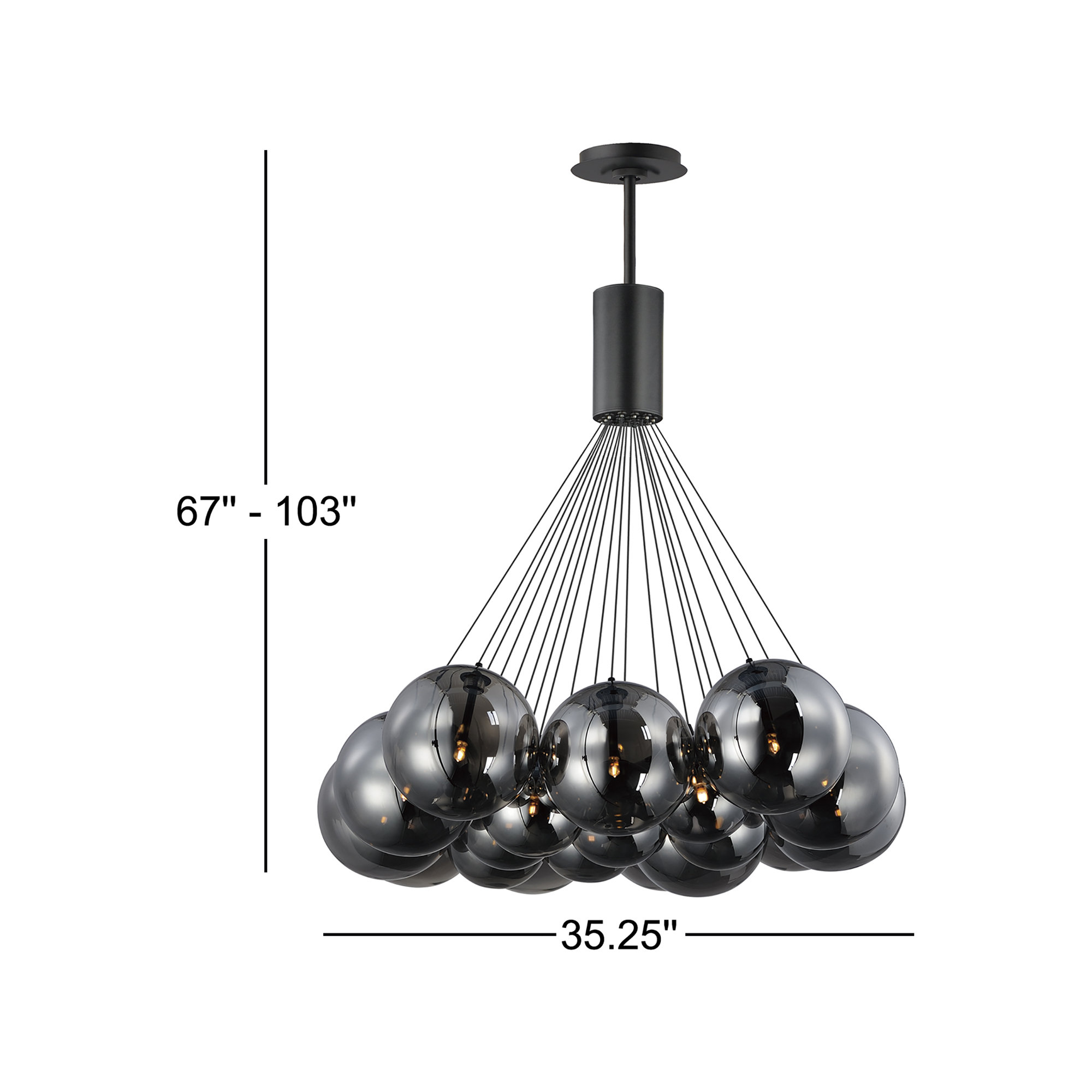 Alikee 20 Light Glass Steel Dimmable Pendant, Smoke, Matte Black
