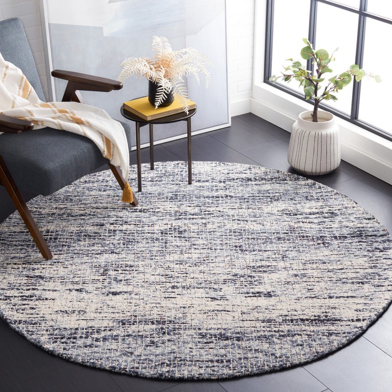 Tapis en laine / coton abstrait touffeté à la main en beige / noir, Rond 6 pi
