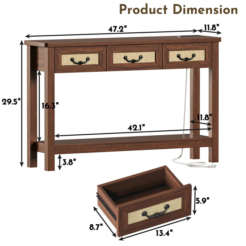 Canei 47.2" Console Table With 3 Rattan Drawers, Brown