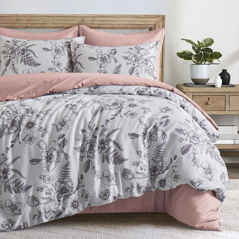 Satin Floral Duvet Cover, Pink Floral, Queen Duvet Cover + 2 Queen Pillow Shams