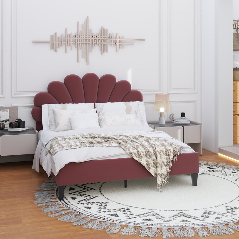 Lit plateforme tapissier avec tête de lit en velours à motif floral, Grand lit, Pâte de haricots rouge