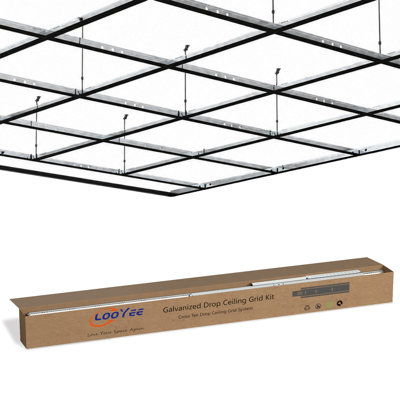 Système de grille pour plafond suspendu LooYee Set Ensemble complet de grille en acier galvanisé noir Résistance à la rouille et au feu Installation facile pour le sous-sol, la cuisine, la salle de bain, la couverture de salle de bain, 64 pieds carrés