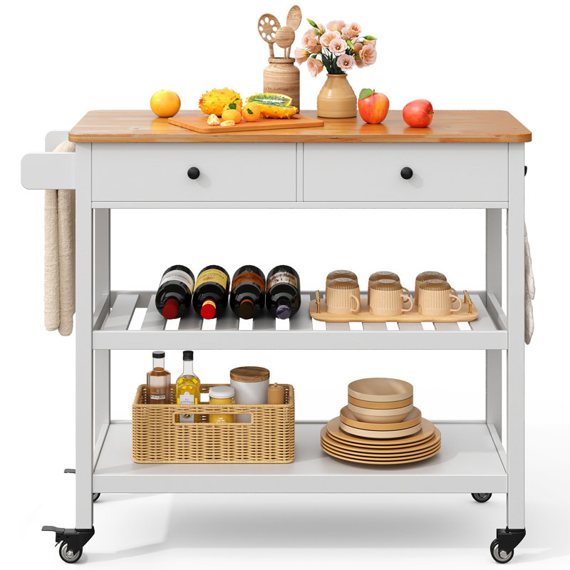 Kyong 3-Tier Bar Car with 2 drawers and casters, White