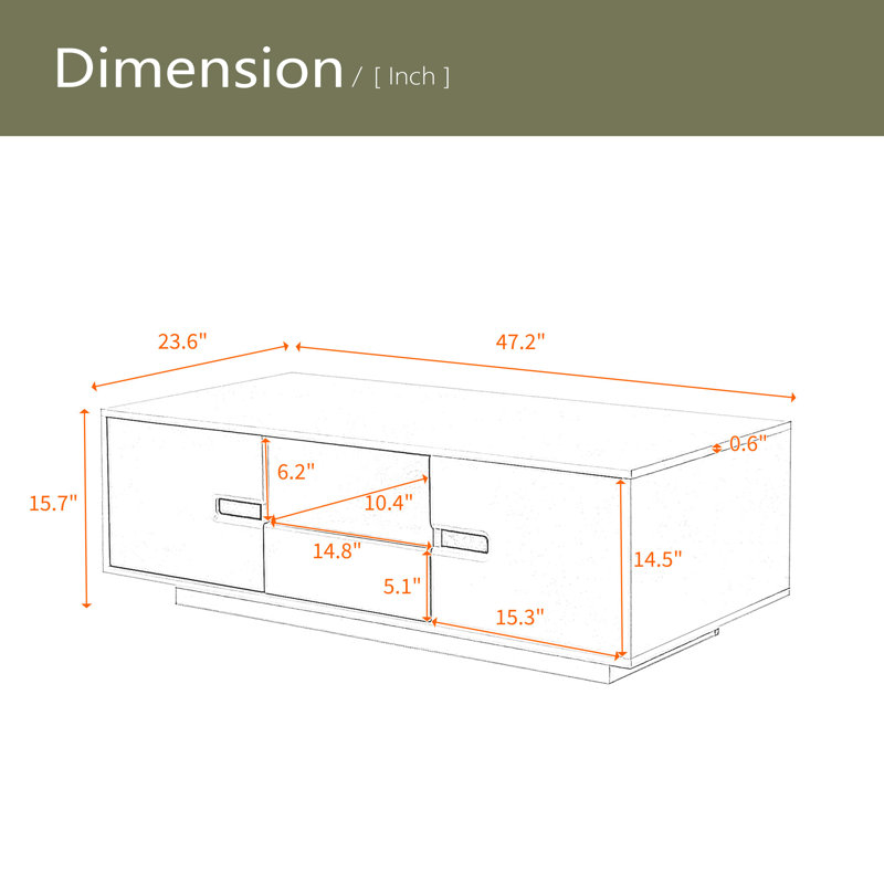 Table basse rectangulaire moderne ultrabrillante, table centrale élégante avec espace de rangement, mobilier d'appoint avec 16 lumières DEL de couleur pour le salon