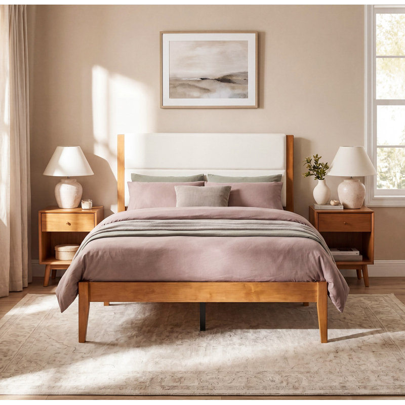 Structure de lit plateforme Mid-Century moderne avec tête de lit tapissier, support de lattes en bois massif, aucun sommier requis, assemblage facile, grand lit, brun