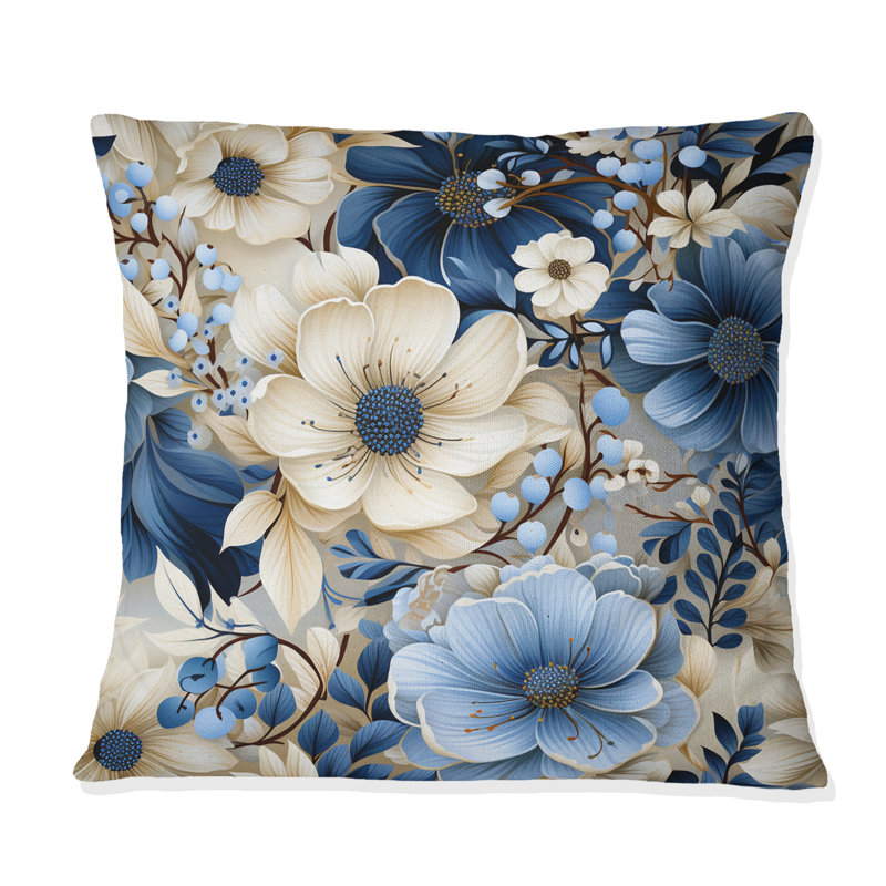 Motif de faune blanche et bleue Ranunculus II - imprimé floral, H 16 po x l 16 po