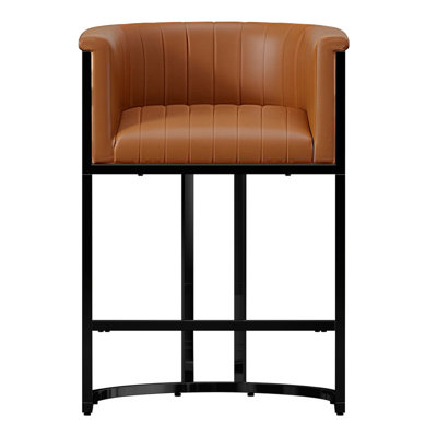 26" Counter Height Bar Stools Barrel Counter Stools With Backrest,Camel PU Leather Black Metal
